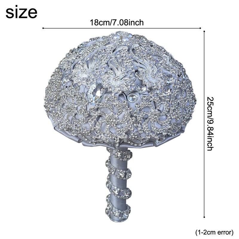DOTKV Elegant Silver Grey Wedding Bouquets for Bride - Crystal Rhinestone & Pearl Decorated Round Bridal Bouquets, Sparkling Handheld Flower Arrangement for Wedding Ceremony (Silver+Gray) - Image 5